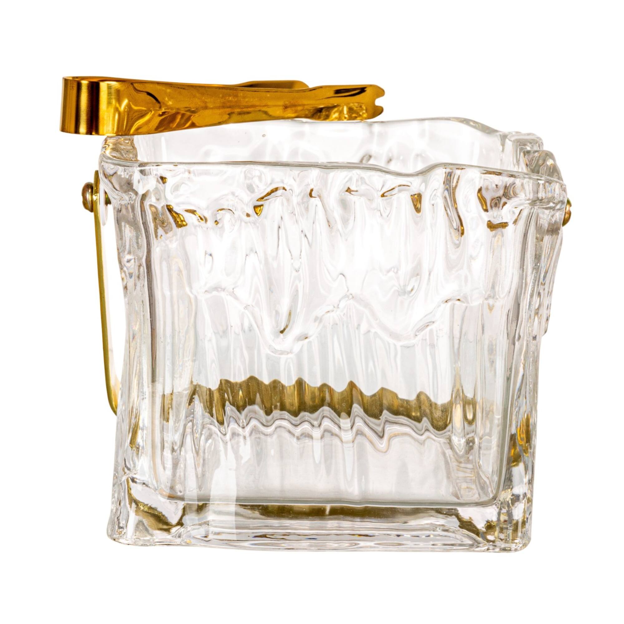 Hello Honey 24-Ounce Textured Glass Ice Bucket with Gold Finish Handle and Tongs, Clear/Gold